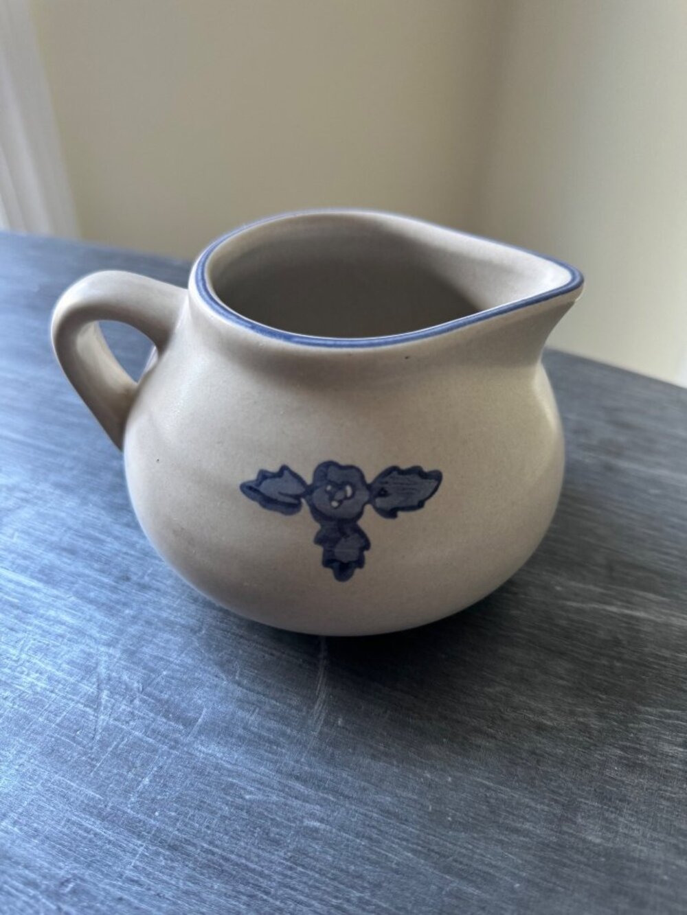 Vintage Platzgraph Stoneware Creamer Pitcher With Blue Floral Handle Pour Spout
